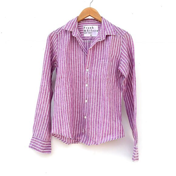 Frank & Eileen Linen Barry Button Down Top Shirt XS Washed Red Pink Striped - Picture 2 of 7